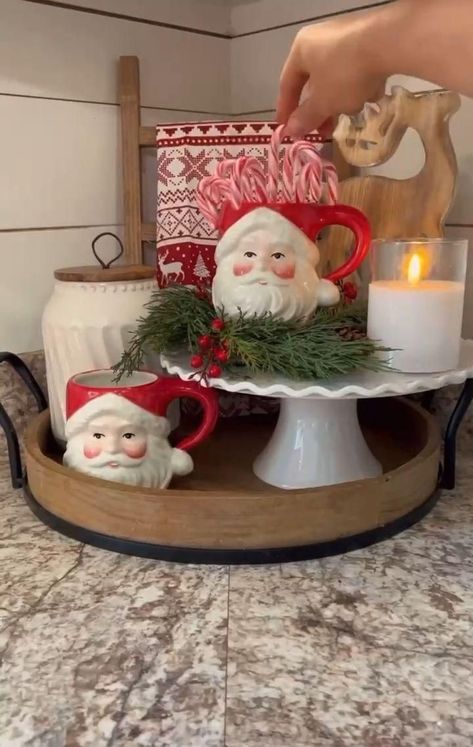 Chrismass Decore Ideas Kitchen, Christmas Kitchen Ideas Farmhouse, Farmhouse Kitchen Christmas Tree, Christmas Decor Tiered Tray, Two Tier Christmas Tray, Kitchen Decor Tray, Candy Cane Christmas Kitchen, Decorative Tray Christmas, Christmas Bar Decorations House