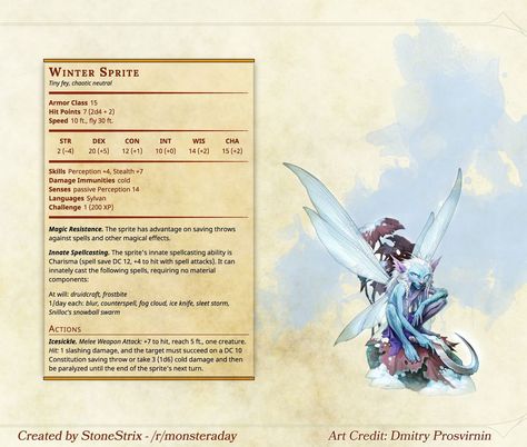 Winter Sprite Winter Fey, Homebrew 5e, Fey Creatures, 5e Monsters, Homebrew Monsters, Monster Manual, Dnd Stats, Dnd Races, Dungeons And Dragons 5e