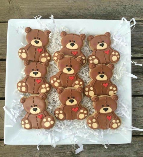 Frosted Cookies Designs, Teddy Cookie, Teddy Bear Birthday Cake, Teddy Bear Cookies, Baby Shower Sweets, Crazy Cookies, Bear Cookies, Sugar Cookie Designs, Baby Birthday Cakes