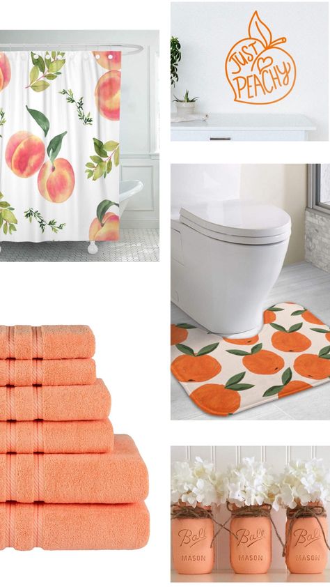 Spring Bathroom Decor Peach theme #peach #bathroomdecor #bathroom #home #style #interiordesign Fruity Bathroom Decor, Fruity Bathroom, Peachy Clean Bathroom, Peach Themed Bathroom, Peach Bathroom Ideas, Peaches Decor, Cute Bathroom Themes, Peach Bathroom Decor, Spring Bathroom Decor