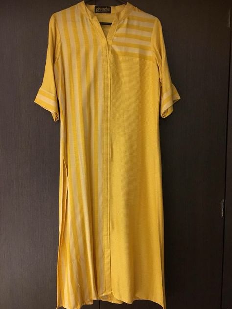 Yellow Kurti Design, House Gown, Striped Kurta, Yellow Kurti, Simple Kurta Designs, Kurti Patterns, Designer Kurti Patterns, Simple Kurti Designs, Trendy Shirt Designs