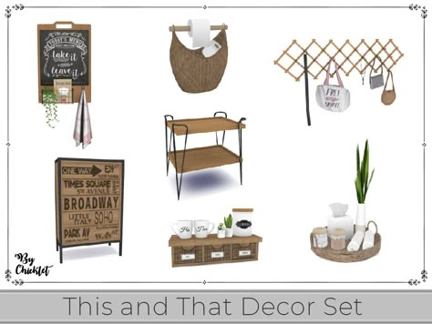 Sims 4 — This and That Decor Set by Chicklet — This set contains a little bit of this and some of that. Adding accent Sims 4 Night Stand Cc, Kitchen Chalkboard Sign, End Table With Lamp, Kitchen Tray Decor, Sims 2 Cc, Boho House Decor, Sims 4 House Building, Cottage Decor Farmhouse, Sims 4 Game Mods