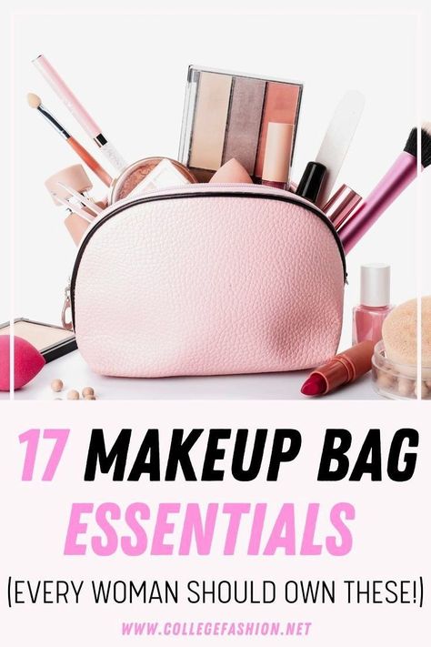 Makeup bag essentials that every college girl totally needs! From gorgeous lipsticks all the way down to the best primer, this list of makeup essentials is for you! It’s important to have a collection with these makeup essentials so you can create a go-to everyday look! Makeup Bag Essentials List, Travel Makeup Bag Essentials, Minimalist Makeup Bag, Travel Makeup Kit, Makeup Kit Essentials, Simple Everyday Makeup, Makeup For Older Women, Best Primer, Makeup Bag Essentials