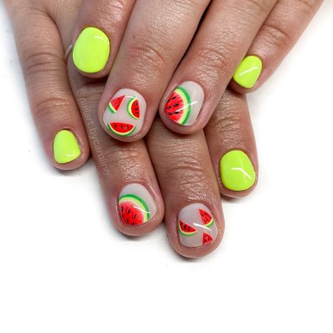 Very Short Nail Designs, Short Nail Designs Gel, High Nails, Nail Designs Gel, Cute Manicure, Watermelon Nail Art, Uñas Aesthetic, Fruit Nails, Nail Paints