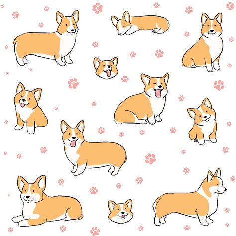 Cute corgi illustration pattern Simple Corgi Drawing, Corgi Doodle, Corgi Illustration, Chihuahua Drawing, Corgi Pattern, Cartoon Corgi, Corgi Cartoon, Corgi Drawing, Animation Ideas