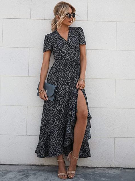 Midi Summer Dresses, Maxi Dress Casual Boho, Casual Sundresses, Summer Wrap Dress, Maxi Dress Casual, Floral Wrap Maxi Dress, V Neck Maxi Dress, Summer Wraps, Maxi Dress Outfit