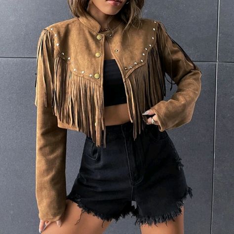 Studded Tassel Trim Faux Suede Crop Jacket 90% Polyester 10% Elastane Cowboy Jacket Women, Tassle Jacket Outfits, Cowboy Coat, Cowgirl Jacket, Fringe Jacket Outfit, Olive Blazer, Red Suede Jacket, Tassel Jacket, Cowboy Jacket