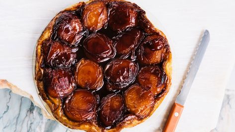 Peach Tarte Tatin Recipe | Bon Appetit Frozen Puff Pastry Recipes, Tarte Tatin Recipe, Peach Tart, Caramel Glaze, Frozen Puff Pastry, Grilled Peaches, Savory Appetizer, Peach Recipe, Puff Pastry Recipes