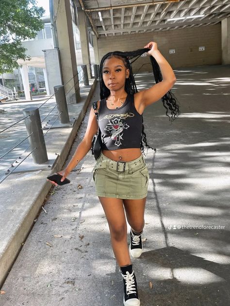 black girl boho braids streetwear ed hardy mini skirt rick owens Ed Hardy Crop Top Outfit, Y2k Ed Hardy Outfit, Ed Hardy Dress Outfit Black Women, Ed Hardy Fits, Ed Hardy Shirt Outfit, Ed Hardy Skirt, Ed Hardy Skirt Outfit, Ed Hardy Outfit Black Women, Blackgirl Streetwear