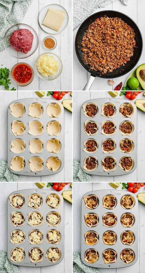 These mini wonton taco cups have layers of crunchy wonton shells, seasoned beef and melty cheese, topped with delicious things like guacamole and sour cream, they're perfect for an easy appetizer! Mini Taco Appetizer, Wonton Taco Cups, Taco Appetizers, Wonton Wrapper Recipes, Wonton Tacos, Taco Cups, Wonton Recipes, Mini Tacos, Catering Ideas Food