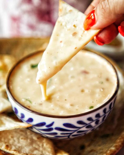 Incredible Vegan Queso Blanco (No Cashews) - Plantifully Based Vegan Queso Dip, Dairy Free Queso, Vegan Cheddar Cheese, Vegan Queso, Vegan Cheese Recipes, Vegan Mexican Recipes, Vegan Cheddar, Soy Recipes, Vegan Dip