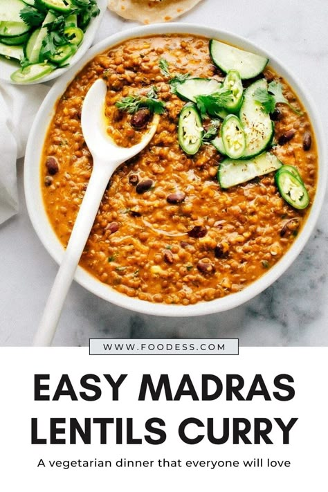 Madras Lentils is one of the best Indian dinner recipes that you will ever taste. It is flavorful, easy to make, and a nutritious vegetarian dinner recipe. Serve it with Soft, homemade naan (or warmed-up storebought) or homemade chapati. Basmati rice is a quick and easy option, or brown rice for a more filling, healthier option. You can easily make this recipe vegan by using plant-based butter and swapping coconut milk for the cream. Read the full recipe on my website. Homemade Chapati, Homemade Naan, Indian Dinner Recipes, Indian Dinner, Lentils And Rice, Vegetarian Curry, Lentil Curry, Dinner Entrees, Lentil Recipes