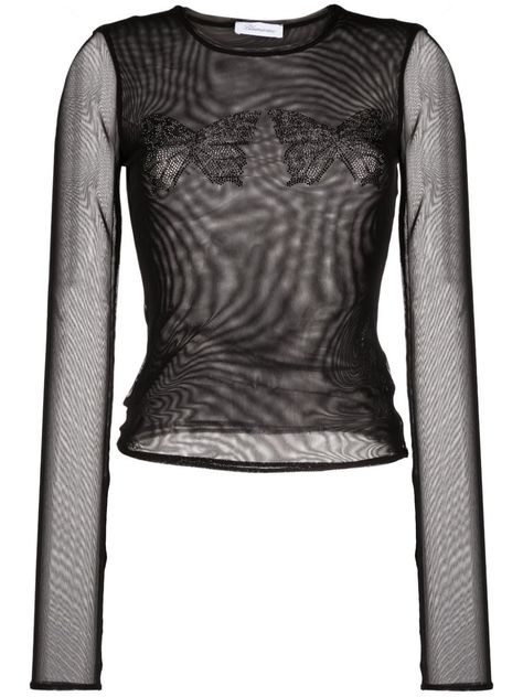 Blumarine Butterfly, Blumarine Top, Frozen Costumes, Black Mesh Long Sleeve, Black Embroidered Blouse, Butterfly Crystal, Mesh Long Sleeve Top, Black Mesh Top, Mesh Shirt