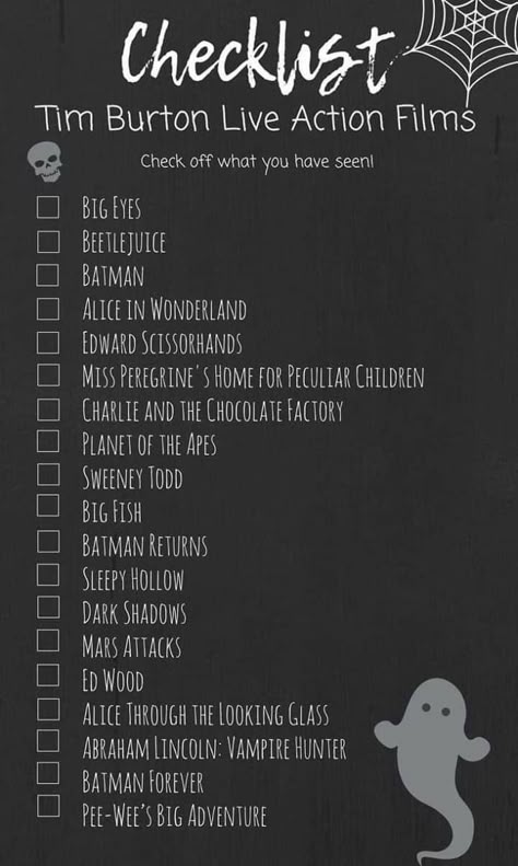 Tim Burton Movie Marathon, Tim Burton Movies Aesthetic, Tim Burton Movies List, Horror Movie List, Top Family Movies, Tim Burton Aesthetic, Tim Burton Party, Tim Burton Movies, Scary Movie List