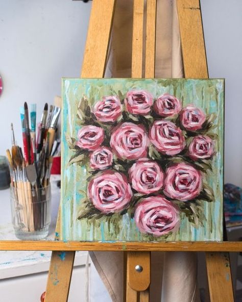 Impressionistic rose bouquet acrylic painting Motivation Artwork, Drip Painting, I Am So Happy, April 12, Small Canvas, Artist On Instagram, Rose Bouquet, My Favorite Part, Drawing Painting