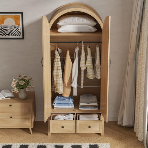 Wardrobe Closet,  with Drawers and 2 Arched Fluted Doors, 70.87‘’ Tall Wooden Bedroom Armoires with Wooden Bedroom, Bedroom Armoire, Wardrobe Closet, Bedroom Furniture, Armoire, Home Furniture, Drawers, Doors, Wardrobe