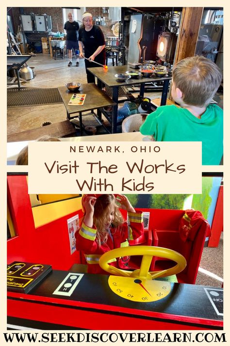 On your family vacation to Ohio, enjoy a day at The Works Museum in Newark, Ohio where you can watch a glass blowing demonstration, take apart electronics, watch a planetarium show and so much more.  It's the perfect place for an afternoon of family fun. Kids and Adults will love it. Add The Works to your list of places to visit in Ohio. It's the perfect destination for spring break or summer break.  Would be great for fall break or winter travel too since it's indoors. Places To Visit In Ohio, Timeout Corner, Newark Ohio, Flying With Kids, Ohio Travel, Midwest Travel, Kids Watch, Road Trip Games, Fall Break