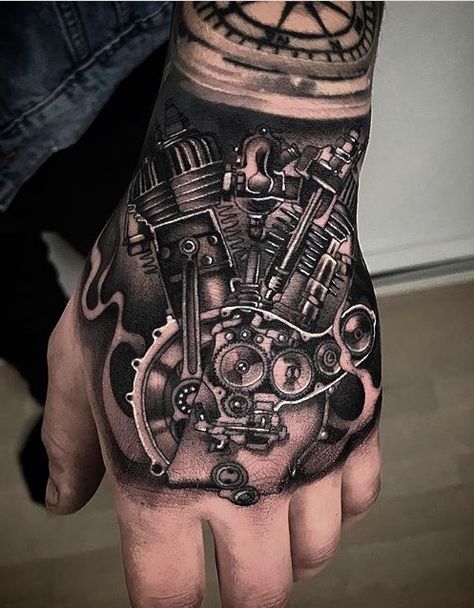 Harley Hand Tattoo, Motorcycle Hand Tattoo, Mechanic Hand Tattoo, Biker Tattoos Designs, Fly Fishing Tattoo, Unique Half Sleeve Tattoos, Motivational Tattoos, Ironhead Sportster, Harley Davidson Tattoos