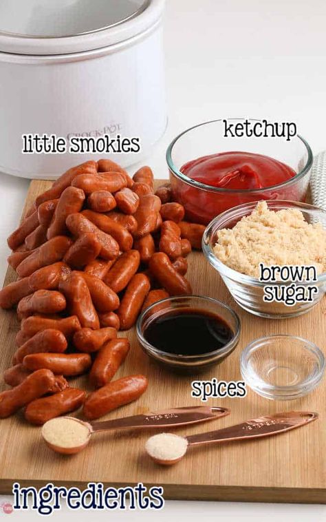 Barbeque Weenies Crockpot, Bbq Winnie Crockpot, Mini Weenie Recipes, Mini Cocktail Sausages, Mini Smoked Sausage Recipes Lil Smokies, Small Hotdogs In Crockpot, Cocktail Hot Dogs Crock Pot, Little Bbq Smokies Crock Pot, Slow Cooker Mini Weenies