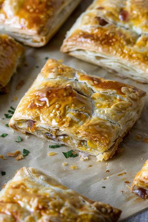 Cheesy Breakfast Stuffed Pastry Bars Savory Breakfast Pastry Recipes, Savory Breakfast Pastry, Sausage Puff Pastry Breakfast, Breakfast Pizza Puff Pastry, Chicken Sausage Puff Pastry, Stuffed Pastry, Cheesy Breakfast, Dessert Smoothie, Bread Snacks