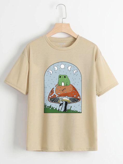 Streetwear Short Sleeve Mushroom Print T-shirt, Relaxed Fit T-shirt With Mushroom Print For Streetwear, Cute Short Sleeve T-shirt With Mushroom Print, Streetwear Mushroom Print Short Sleeve T-shirt, Casual Spring T-shirt With Mushroom Print, Vintage Shirt Design, Look Grunge, Drop Shoulder Tee, Aesthetic Shirts