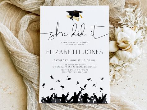 She Did it! Invite your friends and family to a graduation celebration for the recent graduate of the class of 2024 with this editable invitation! Perfect for any grad ceremony, party, dinner or celebration that you may be planning, with fully editable text you have the option to customize as you wish! TRY BEFORE YOU BUY Copy and paste the following link into your browser on any device to test out this template before purchasing! www.jettemplate.com/demo/ZO8025 (the watermarks will be removed on She Did It Graduation, Graduation Invites, Graduation Dinner, Graduation Party Invitations Templates, Invitation Graduation, Graduation Invitations Template, She Did It, Graduation Party Invitation, 2024 Graduation