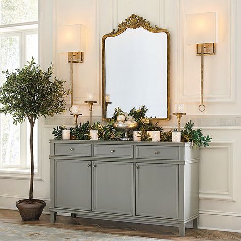 Buffet Credenza Sideboard, Buffet With Sconces, Foyer Sconces Entryway, Dining Room With Sconces, Sage Green And Gold Home Decor, Entryway With Sconces, Over Buffet Wall Decor, Dining Room Sconces Wall Decor, Dining Room Buffet Decor Traditional