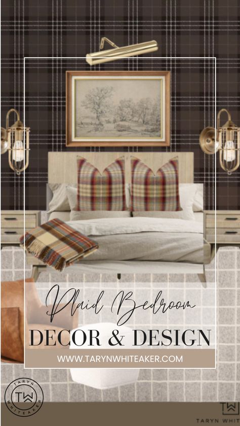 plaid, plaid bedroom, plaid decor, plaid home, home decor, home design, modern home, vintage style, plaid pattern, traditional plaid, neutral home, vintage bedroom, home inspo, design inspo Plaid Bedroom Decor, Plaid Bedroom, Home Design Modern, Forest Bedroom, Rustic Cabins, Plaid Wallpaper, Leather Swivel Chair, Plaid Decor, Bedroom Essentials