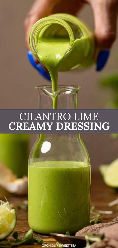 This Creamy Cilantro Lime Dressing recipe is bursting with fresh flavors, and this zesty dressing is perfect for salads, dipping, or marinating. Whether you're drizzling it over a salad, using it as a dip, or as a marinade, this versatile dressing is sure to become a favorite in your kitchen. Completely Dairy-free + Vegan Option. | homemade salad dressing | cilantro lime salad dressing | how to make cilantro lime dressing | homemade cilantro lime dressing | salad dressing with cilantro and lime Cilantro Lime Salad Dressing, Cilantro Salad Dressing, Cilantro Lime Salad, Cilantro Lime Dressing Recipe, Cilantro Dressing Recipe, Creamy Cilantro Lime Dressing, Creamy Chipotle Dressing, Current Recipes, Lime Salad Dressing