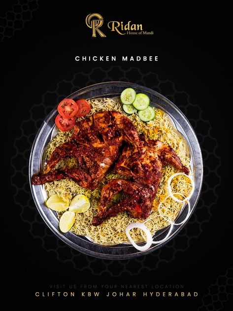 Chicken Madbee is a very traditional Yemeni dish, Cooked traditionally over hot stones. It's a very Delicious Arabic dish. Grilled Chicken served on a bed of flavored Mandi Rice, and Sauces This Ramadan With Only Ridan House of Mandi. Mandi Rice, Chicken Mandi, Adobe Photoshop Design, Hot Stones, Food Poster Design, Arabic Food, Turkish Recipes, Spicy Chicken, Food Poster