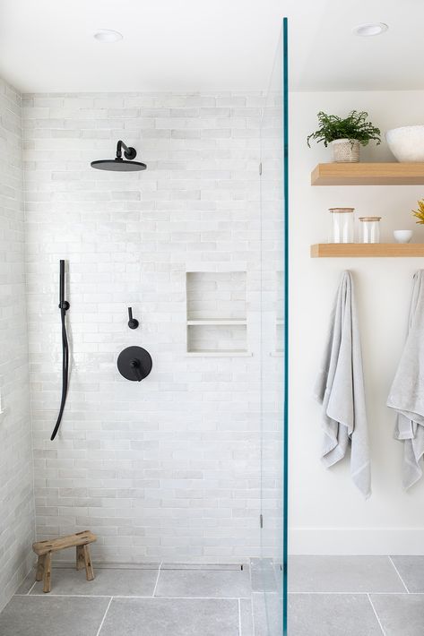 Cozy Contemporary New Addition - Gather House Large Stacked Tile Bathroom, Master Bath Zellige Tile, Zellige Subway Tile Bathroom, Matte White Tile Bathroom, White Zellige Tile Bathroom, Zellige Shower Tile, Black Hardware Bathroom, Tile Master Bath, Zellige Tile Bathroom