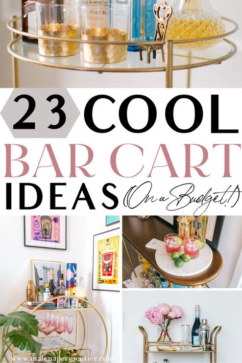 23 Cool Bar Cart Ideas Under $150 That Instantly Elevate Your Home Gold Bar Cart Decor Ideas, Small Bar Cart Ideas, Tea Cart Ideas, Bar Cart Styling Apartments, Bar Cart In Living Room, Vintage Bar Cart Styling, Bar Cart Styling Ideas, Globe Bar Cart, Glam Bar Cart