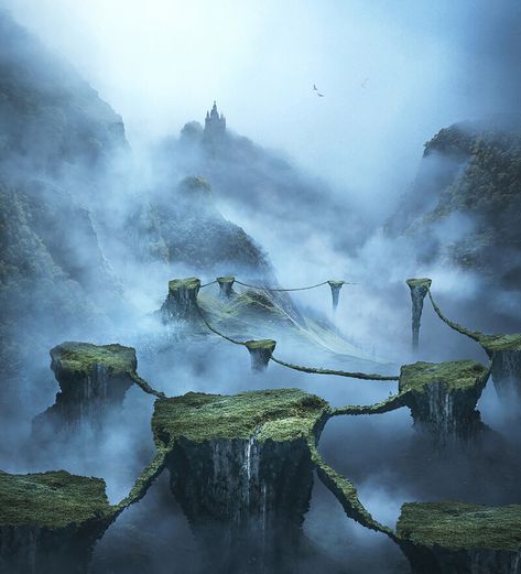 Art Edit, Foggy Mountains, Location Inspiration, Landscape Concept, Biome, Fantasy Setting, Fantasy Places, Fantasy Art Landscapes, Fantasy Concept Art