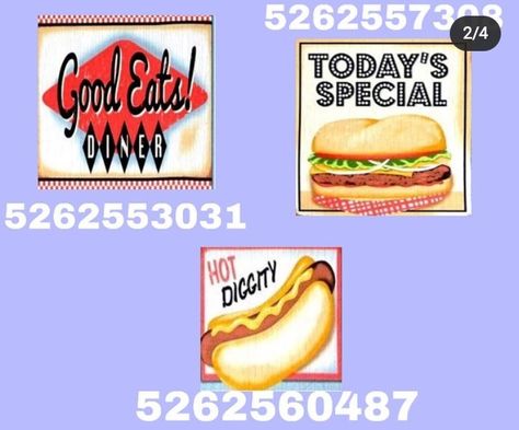 Not mine ✨ Bloxburg Hot Dog Stand Decal, Bloxburg Burger Decals, Bloxburg Retro Diner Decals, Retro Dinner Decals Bloxburg, Roblox Diner Decals, Bloxburg Retro Diner Decal Codes, Bloxburg Retro Diner, Bloxburg Diner Ideas, Bloxburg Resturaunt