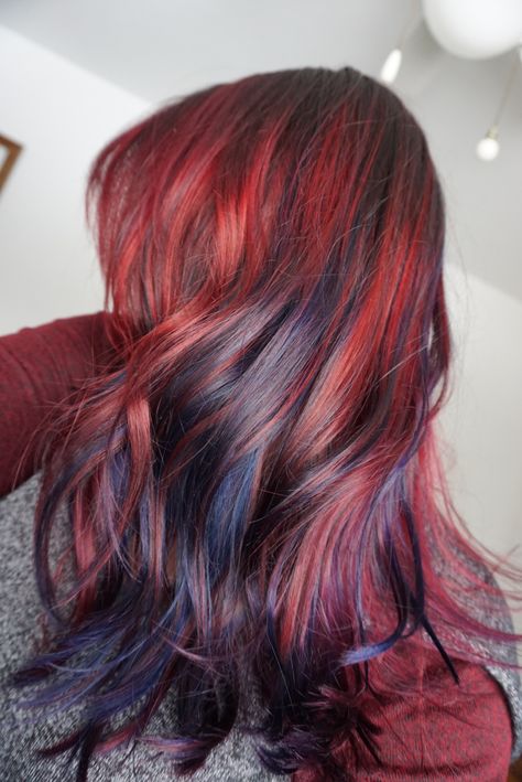 Red to blue balayage. Red And Blue Balayage Hair, Red Blue Ombre Hair, Red Hair With Blue Underneath, Auburn Hair With Blue Highlights, Blue Highlights In Red Hair, Red Hair Blue Highlights, Fall Fashion Color Hair, Red And Blue Hair Ombre, Red Hair With Blue Highlights