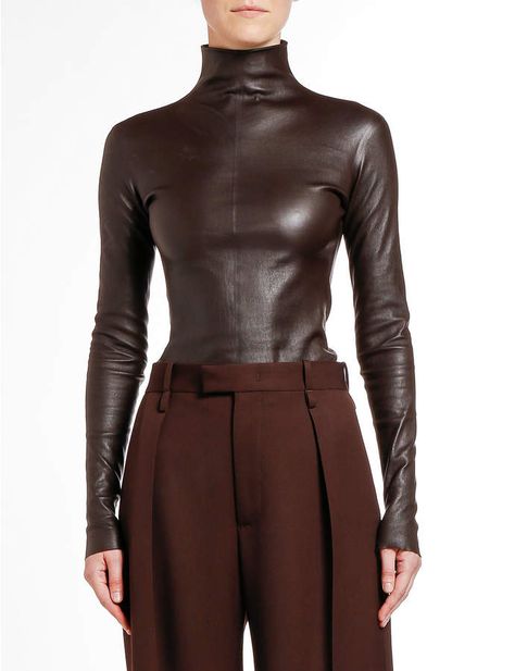 Y2k Future, Leather Turtleneck, 2024 Ootd, Trans Outfit, Leather Shirts, Bottega Veneta Dress, Short Cuir, Leather T Shirt, Androgynous Fashion