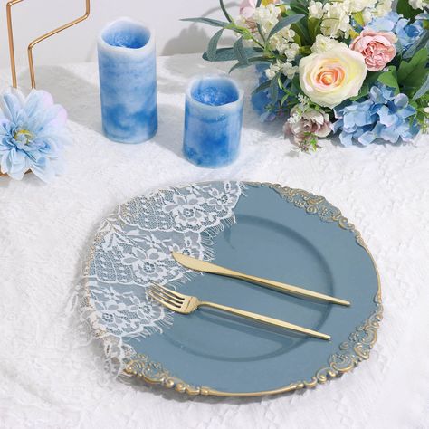 6 Pack - 13Inch Dusty Blue Round Baroque Charger Plates, Leaf Embossed Gold Rim Vintage Charger Plates, Charger Plates Wedding, Glass Charger Plates, Cake Holder, Baroque Design, Embossed Pattern, Rim Design, Square Plates, Indoor Wedding