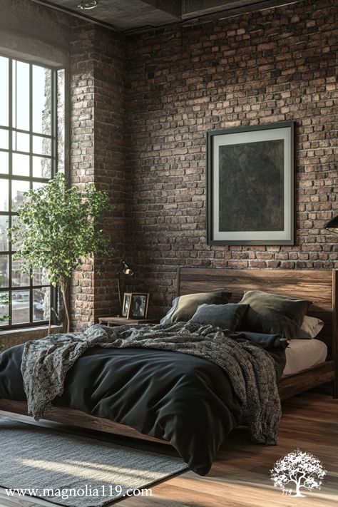 Transform your bedroom into a stylish industrial haven. This article provides expert advice on using industrial bedroom decor to combine functionality with high-end design for a striking effect. Visit our website to learn more! Click now! #Industrial #DecorTips #of #HomeStyle #HomeDecorating #Decor #Kitchens #Style #Appeal #Raw #the #Exploring #HomeInspiration Modern Industrial Bedroom Design, Brick Wall Bedroom Ideas, Cozy Industrial Bedroom, Industrial Interior Design Bedroom, Modern Industrial Bedroom, Industrial Condo, Bedroom Industrial Chic, Rustic Modern Industrial, Brick Wall Bedroom