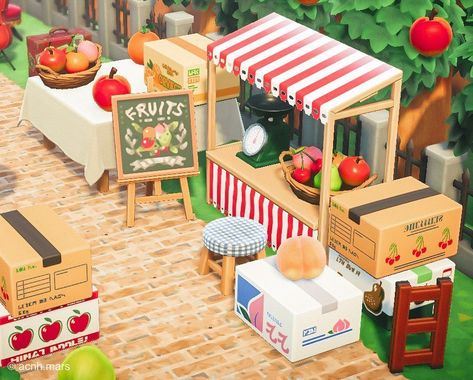 Mars of Moonbrooke on Instagram: “A fruit stand right outside my orchard 🍎🍑🍒🍊🍐🥥 Fruits Signage: MO-2HTY-JH3L-VP34” Fruit Stall, Animal Crossing 3ds, Animals Crossing, Animal Crossing Guide, Fruit Stand, Animal Crossing Wild World, Qr Codes Animal Crossing, Deco Nature, Animal Crossing Villagers