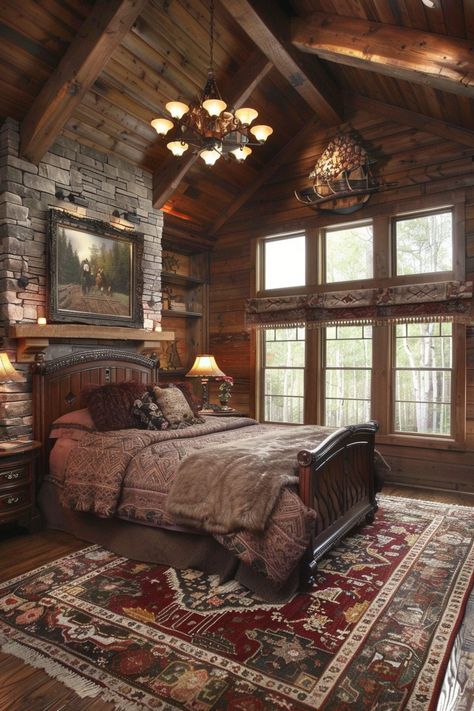 29 Dreamy & Romantic Bedroom Ideas to Create the Perfect Cozy Escape 29 World Bedroom Ideas, Old World Bedroom, Romantic Bedroom Ideas, Romantic Cabin, Design Your Bedroom, Small Fireplace, Bedroom Drapes, Ceiling Murals, White Canopy