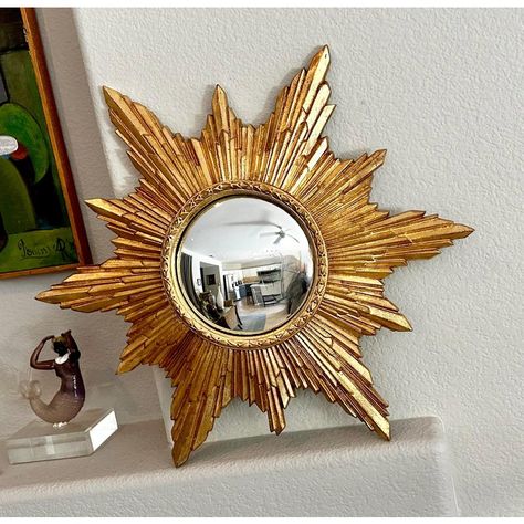 Mid century round gilt finish molded hard plastic sunburst or starburst wall mirror with convex mirror. Starburst Mirror Wall, Rustic Wall Mirrors, Silver Wall Mirror, Cork Wall, Table Mirror, Convex Mirror, Clay Wall, Blue Walls, Grey Walls