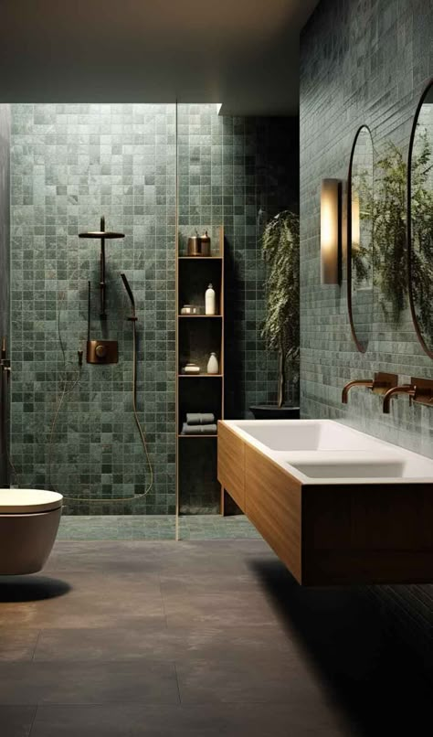 Nature-Inspired Sage Green Bath Tiles: Connect with nature using sage green bath tiles. Earthy and calming, these tiles evoke a sense of the outdoors, turning your bathroom into a natural retreat. See more on Nymphs Daily Blog. Rustic Green Tile Bathroom, Olive Green Bathroom Tiles, Green Tan Bathroom, Wood Like Tile Flooring Bathroom, Wet Room Inspiration, Large Bathroom Tiles Floor, Celadon Bathroom, Dark Green And Wood Bathroom, Olive Green Tile Bathroom