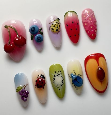 elle | bugs in ya fruit 🍒🐞🍉🫐 recreation set of the yummiest set by @allycoolcattt & threw in some bugs !! #summernails #fruitnails… | Instagram Ladybug Nails, Nail Design Glitter, Food Nails, Custom Press On Nails, Nails Cute, Crazy Nails, Japanese Nails, Nails Wedding, Soft Nails