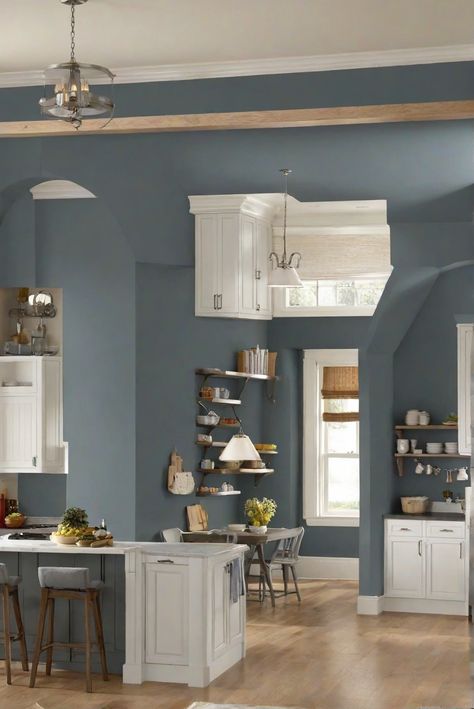 wall paint for kitchen, gray kitchen paint, kitchen wall colors, best kitchen paint Blue Grey Walls Kitchen, Dusty Blue Kitchen Walls, Blue Wall Kitchen Ideas, Knoxville Gray, Blue Wall Kitchen, Blue Walls Kitchen, Kitchen Paint Colors For Walls, Kitchen Wall Paint, Kitchen Color Ideas For Walls