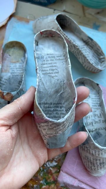 Heinz & Brummel on Instagram: "First step for my mini ballet shoes: Papier-mâché Did you already gave this old technique a try? 🩰 #papershoes #papiermache #paperlove #shoelover #vintage #heinzundbrummel" Paper Shoes, Victorian Shoes, Fairy Shoes, Garden Pavilion, Paper Dress, Shoe Crafts, Doll Dress Patterns, Altered Images, Collage Art Mixed Media