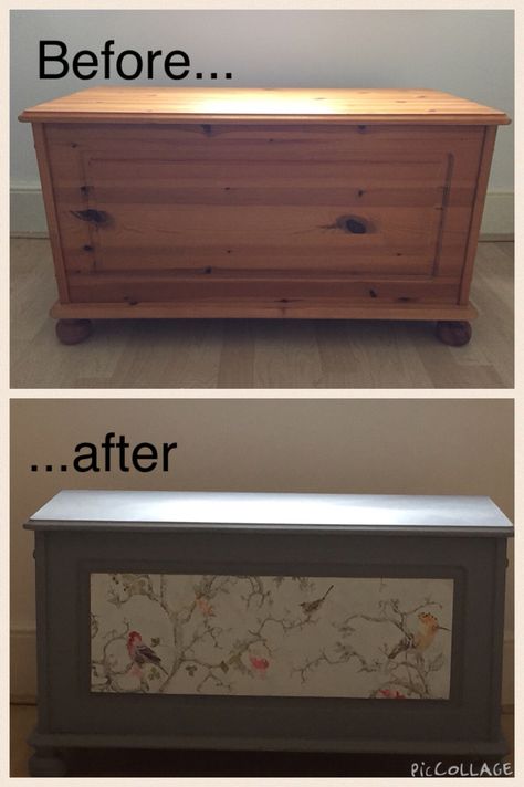 Painted & decoupaged blanket box Upcycle Blanket Chest, Painted Blanket Box Ideas, Stenciled Toy Chest, Upcycled Blanket Box Ideas, Blanket Box Upcycle, Blanket Box Makeover, Ottoman Chest, Repurposed Desk, Painted Blanket Box