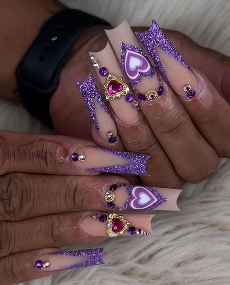 #valentinesnails hashtag on Instagram • Photos and videos Heart Nails Glitter, Purple Valentines Day Nails, Purple Heart Nails, Birthday Nail Ideas, Glamorous Birthday, Birthday Nail Art, Nail Shapes Squoval, Purple Nail Art Designs, Birthday Nail Designs