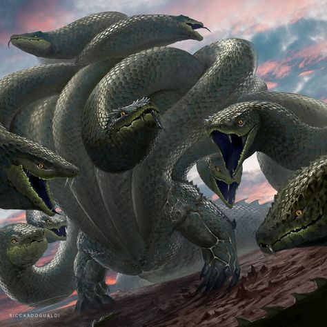 ArtStation - Nine-Headed Hydra, Riccardo Gualdi Hydra Art Monsters, Hydra Concept Art, Mother Hydra, Hydra Drawing, Hydra Snake, Hydra Art, Hydra Monster, Hydra Dragon, Dragon Types