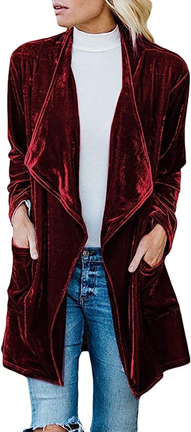 Amazon.com: futurino Women's Solid Long Sleeve Velvet Jacket Open Front Cardigan Coat with Pockets Outerwear : Clothing, Shoes & Jewelry Mode Mantel, Velvet Cardigan, Velvet Sleeve, Velvet Coat, Drape Cardigan, Mini Robes, Velvet Fashion, Velvet Blazer, Turndown Collar