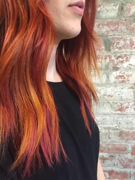 The combination of red, copper, pink and yellow is absolutely  stunning. Copper Hair With Fun Colors, Copper Pink Balayage, Red Head With Pink Highlights, Orange And Copper Hair, Redhead With Pink Highlights, Copper Hair Pink Highlights, Copper And Yellow Hair, Copper Hair With Pink Highlights, Copper Hair With Pink